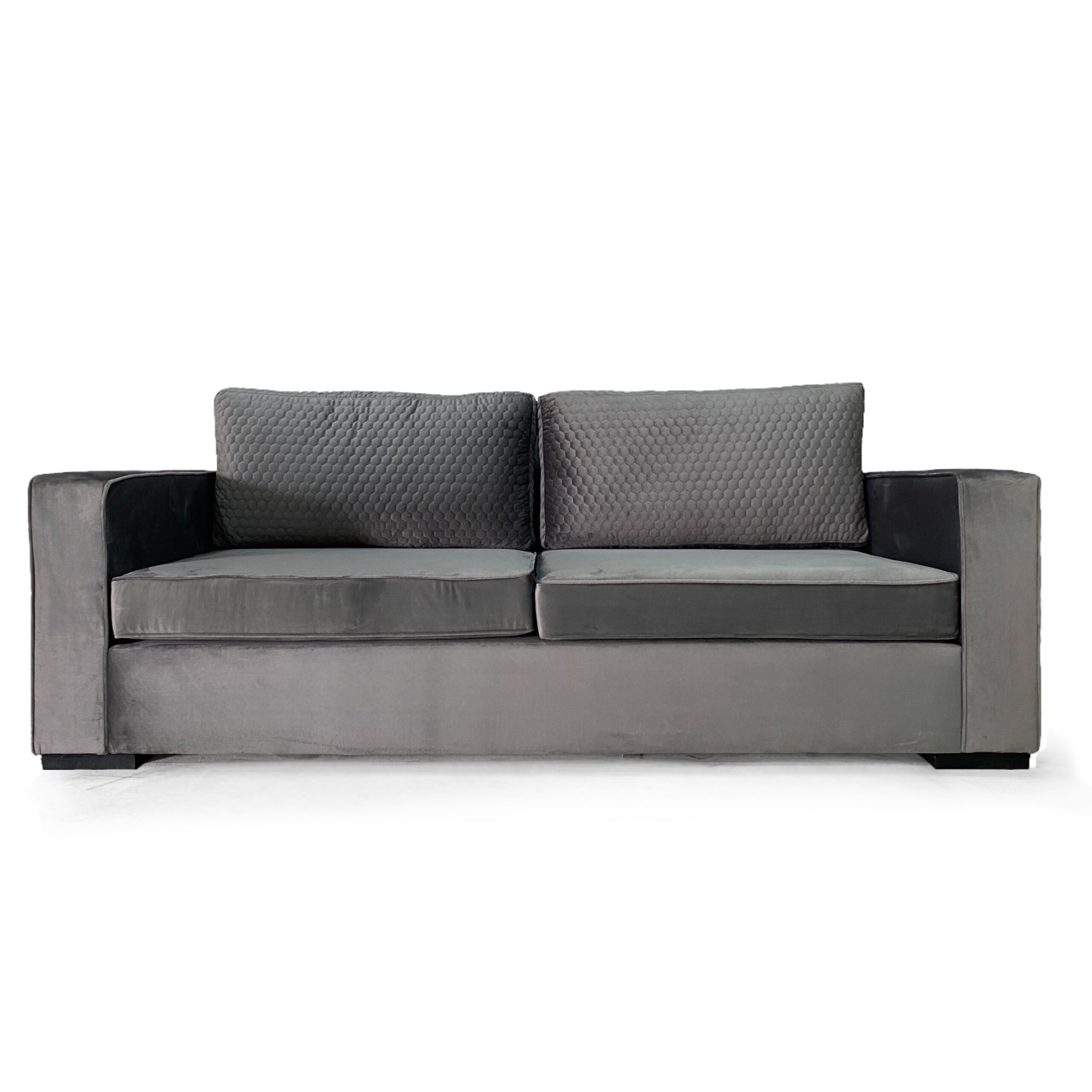 Side profile of Charlston grey Couch showing thick armrest