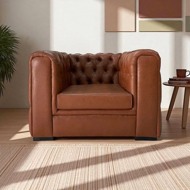 Ashton single-seater couch in rich brown faux leather, front view