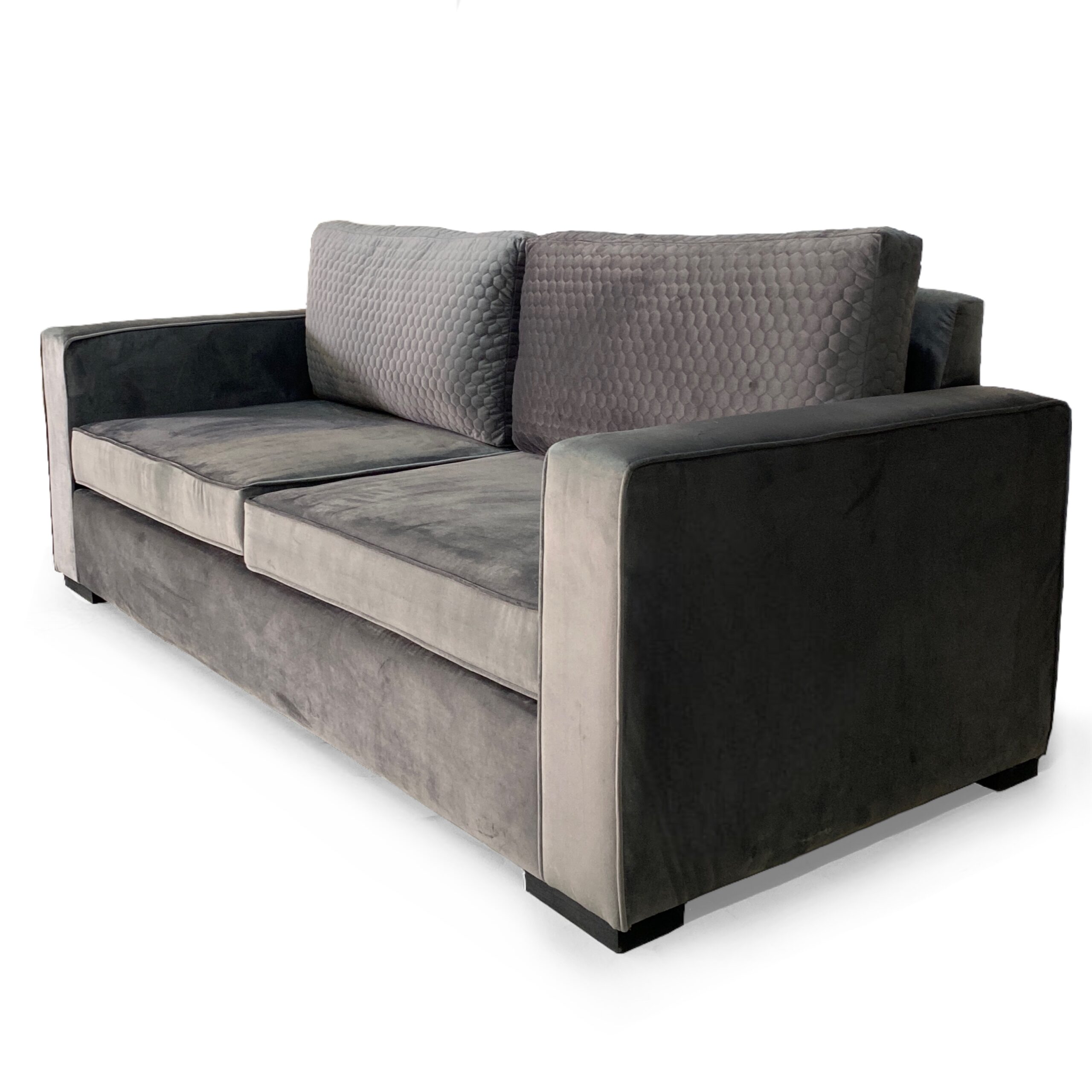 Side profile of Charlston grey Couch showing thick armrest