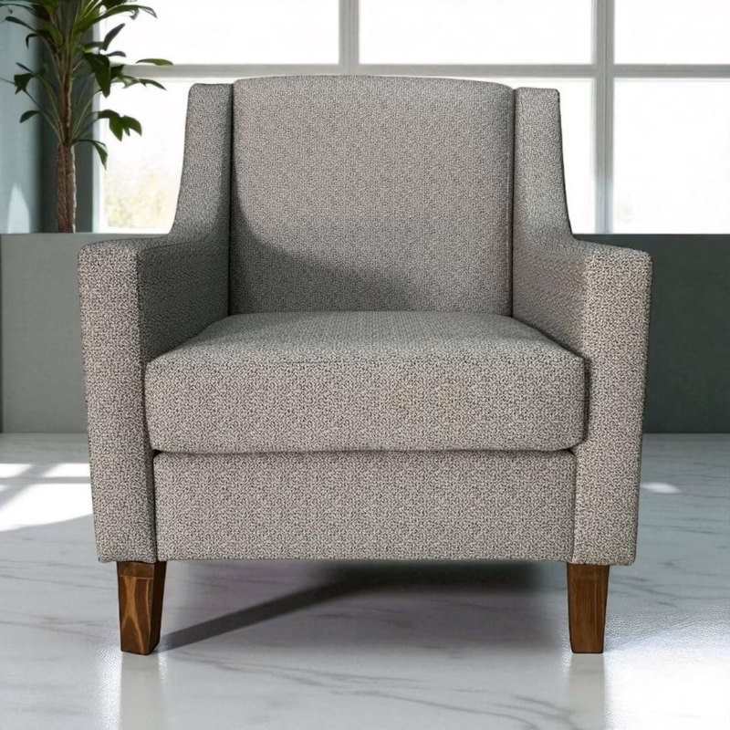 Front view of the Sky Occasional Chair in grey textured fabric with wooden legs